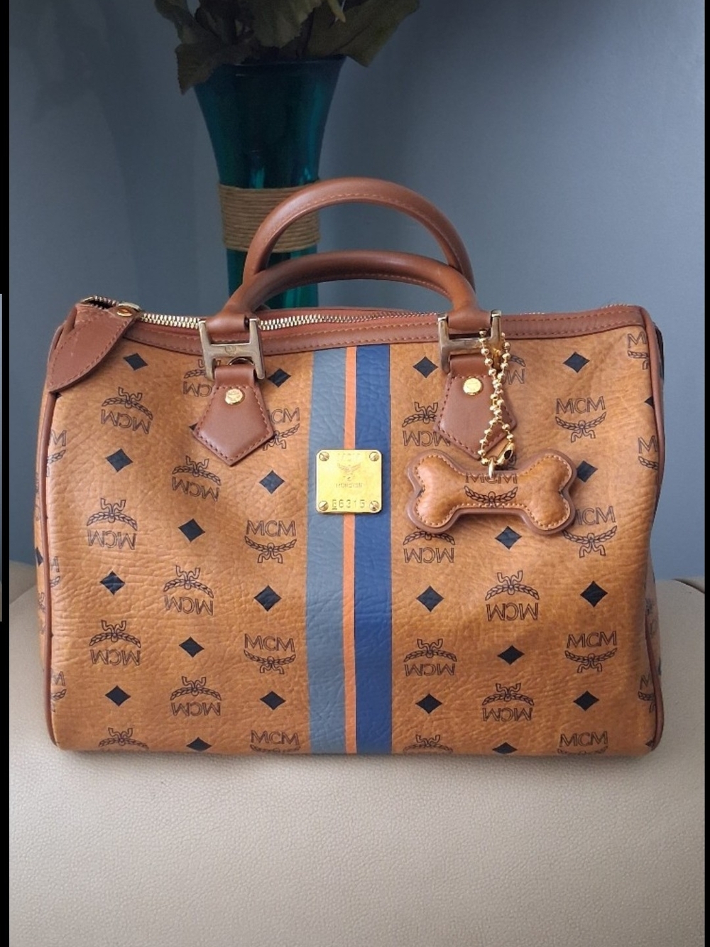 💯Authentic MCM Cognac Visetos Messenger Bag with Blue and Orange Stripes